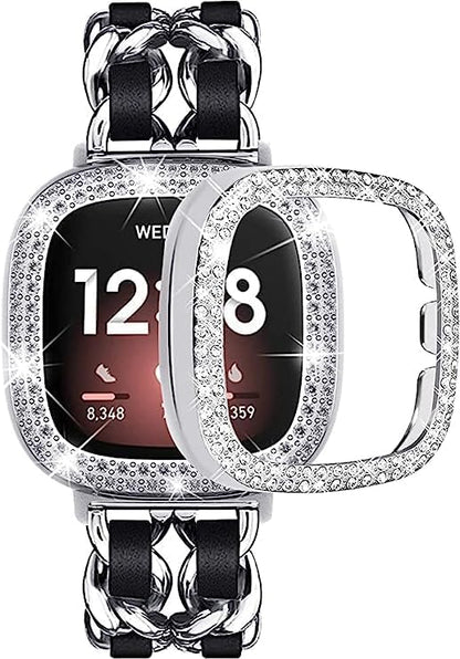 Stainless Steel Bands Compatible for Fitbit Versa 4/Fitbit Sense 2 Smartwatch With Bling Case Cover,Chic Leather Metal Wristband Accessories Strap for Women Bracelet (Silver, Versa 3/Sense)