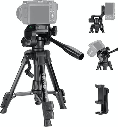 NEEWER Entry Level Version Mini Desk Phone Tripod Compatible with iPhone for Video Recording, Small Compact Table Top DSLR Camera Camcorder Webcam Stand, 3 Way Pan Tilt Head & Cell Phone Holder, TP52