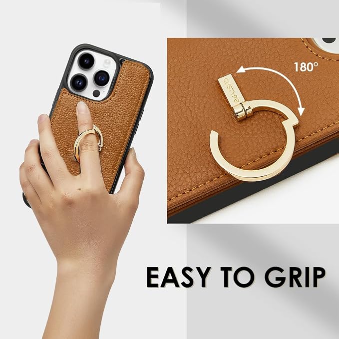 CUSTYPE for iPhone 13 Pro Wallet Case with Card Holder,180°Folding Ring Kickstand Card Slots Case with Wallet for Women and Men for iPhone 13 Pro 6.1"-Brown