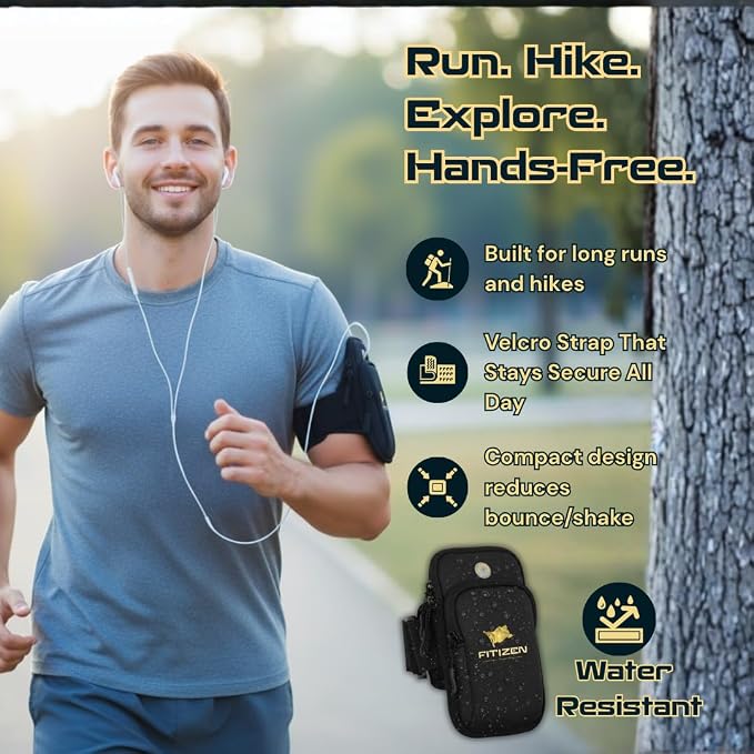 Fitizen Phone Armband for Running – Black Adjustable Water-Resistant Arm Band for iPhone & Android – For the Active Citizen, Secure Workout Phone Holder for Jogging, Gym Walking & Fitness by FitNation