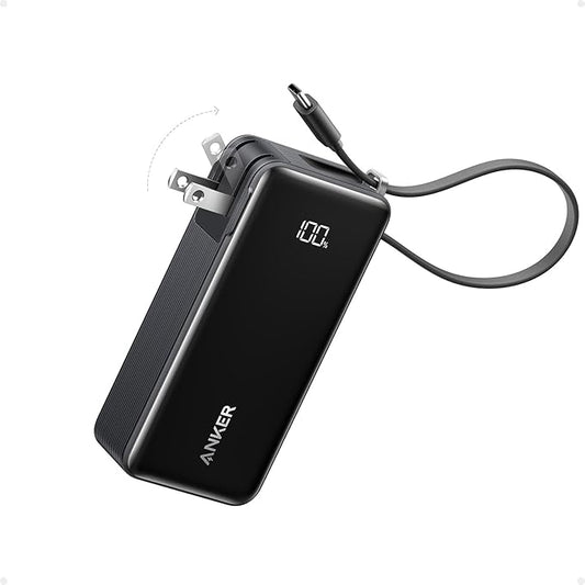 Anker Nano 3-in-1 Portable iPhone Charger, 10,000mAh Power Bank with Built-in USB-C Cable and Foldable Wall Plug, 30W Max Battery Pack, Travel Essentials for iPhone 17/16/15 Series, Galaxy, MacBook