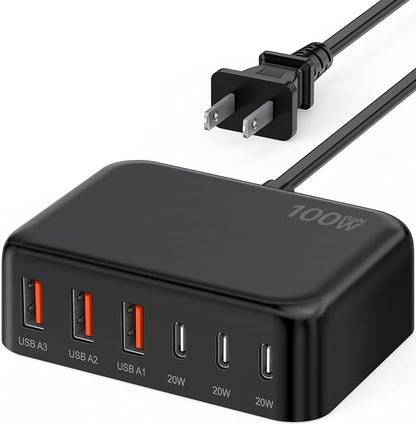 [2026 Updated] USB C Fast Charger, 100W GaN 6 Port Type C Charging Station Hub Block Cube, USB C Wall Charger Power Strip Adapter Plug for iPad iPhone 17 16 15 14 Pro Max Pixel Note Galaxy, 5ft Cord