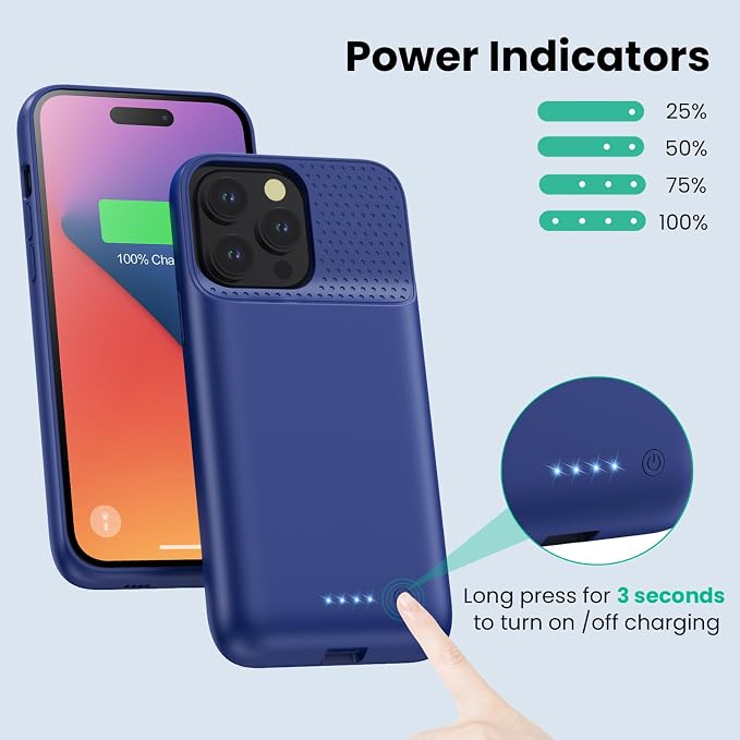 Battery Case for iPhone 14 Pro Max,14 Plus and 13 pro Max, Real 8600mAh Rechargeable Smart Extended Charging Case, Ultra-Slim Portable Protective Battery Pack (6.7 inch) Blue