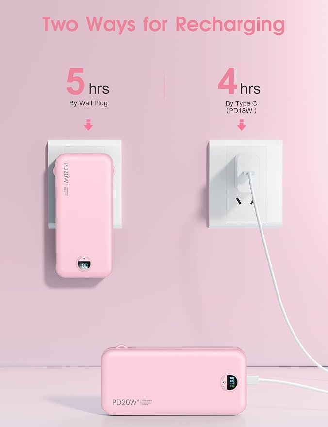 Portable Charger, 10000mAh PD20W Fast Charging Power Bank with Built-in Cables & Wall Plug, External Battery Pack with LED Display, Travel Essentials Battery Bank for iPhone, iPad, Samsung Fairy Pink