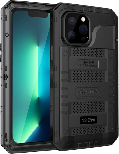 Beasyjoy Waterproof Case for iPhone 13 Pro, Metal Case with Built-in Screen Protector, Defender Full Body Protective Military Grade Heavy Duty Rugged Shockproof Phone Case 6.1 Inch, Black