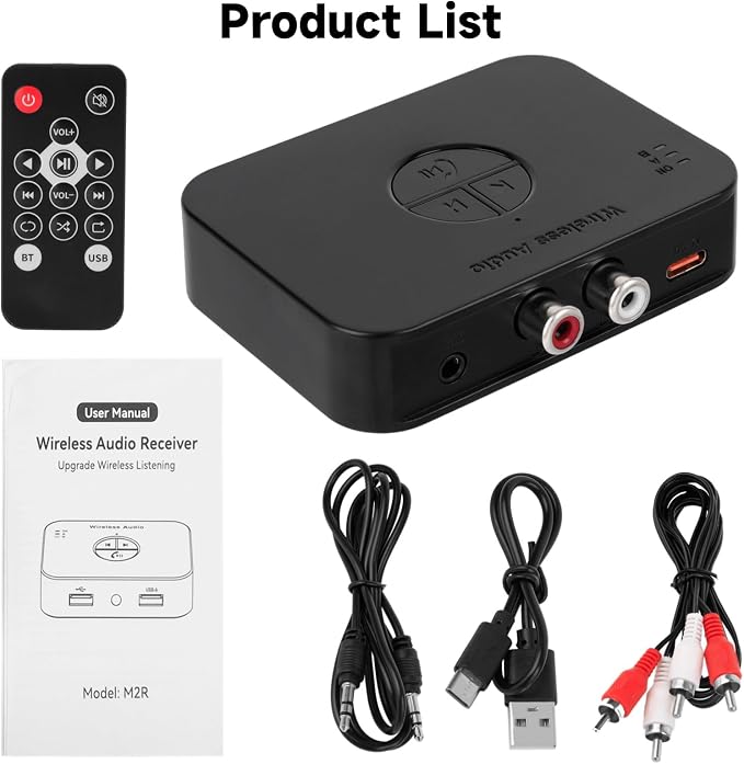 M2R Bluetooth 5.4 Audio Receiver 3.55mm RCA Bluetooth Adapter for Stereo Wireless Audio Receiver/USB Flash Drive/NFC One Touch Connection for Home and Car Stereo System Speakers