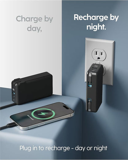myCharge RetractaCharger 10000mAh Power Bank – 28" Retractable 2 USB-C Cables | Built-in Wall Plug | 30W PD Fast Charging | Digital Battery Display | USB-C/A Ports | Up to 60 Hrs Extra Power | Black
