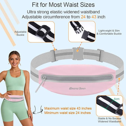 Water Resistant Fanny Pack, Slim Running Belt for Women Men, Zipper Pocket Waist Bag, Running Phone Holder for iPhone 17 16 15 Samsung, Reflective Running Pouch for Walking Cycling - Pink