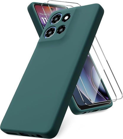 for Motorola Moto G 2025 Case, 2 Pack Tempered Glass Screen Protectors, Soft TPU Liquid Silicone Shockproof Gel Case-Midnight Green