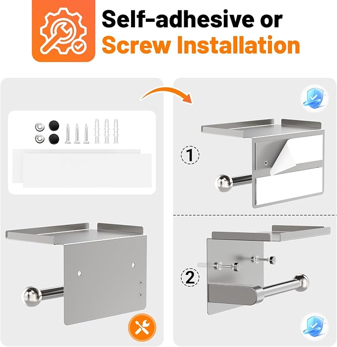 Matte Silver Toilet Paper Holder with Shelf, Wall Mount, Rustproof Stainless Steel, Fits Double Rolls, No-Drill Adhesive or Screw Mount for Bathroom, Kitchen, RV