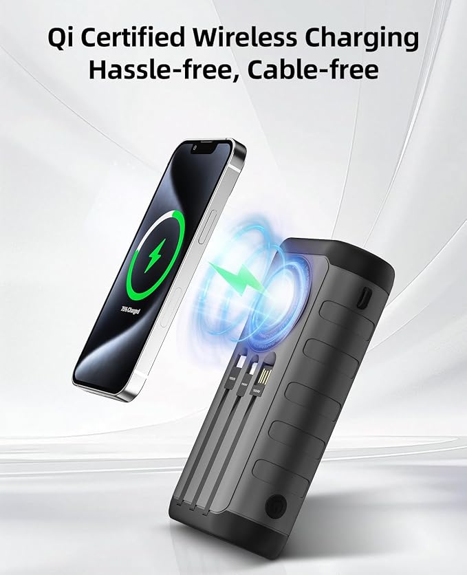 Solar Portable Charger Power Bank 59800mAh, Outdoor Waterproof Battery Pack, 3 Built in Cables & Hand Crank, 6 Outputs, 15W Wireless Charging, Emergency LED Flashlight for Camping Hiking Travel