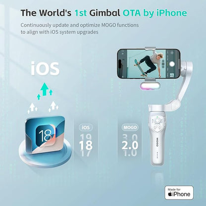 COMITOK Only for iPhone, MOGO [Apple MFi Certified] Gimbal Stabilizer for iPhone with Phone Clip & RGB Light, Support Selecting Tracking Target on Apple Watch & iOS26 Cameras for iPhone 16 15 Pro Max