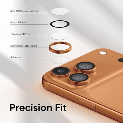 FLOLAB NanoArmour for iPhone 17 Pro Max/iPhone 17 Pro Camera Lens Protector, Anti-Reflective, Durable Tempered Glass with Aluminum Ring Ultra Clear TruColors, Easy Install - Orange