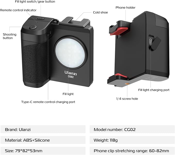 ULANZI CG02 Upgraded Smartphone Camera Shutter Handle Grip w Detachable Wireless Bluetooth Remote Control,Three-Gear Adjustable Fill Light for iPhone Samsung Google OnePlus Phones Video/Photo Shooting