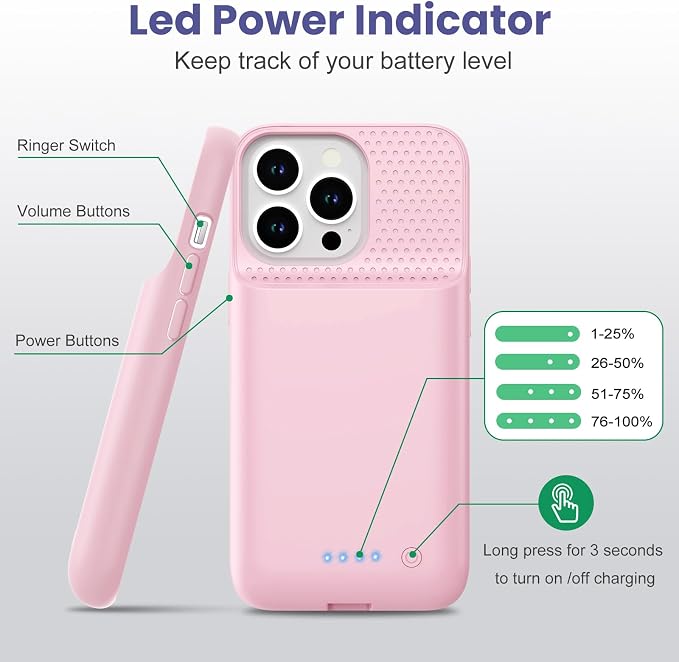 Feob Battery Case for iPhone 13/13 Pro/14,[2025 Upgraded] 7500 mAh Ultra-Slim Portable Extended Charger Cover for iPhone 13/13 Pro/14 Charging Case (6.1 Inch)-Pink