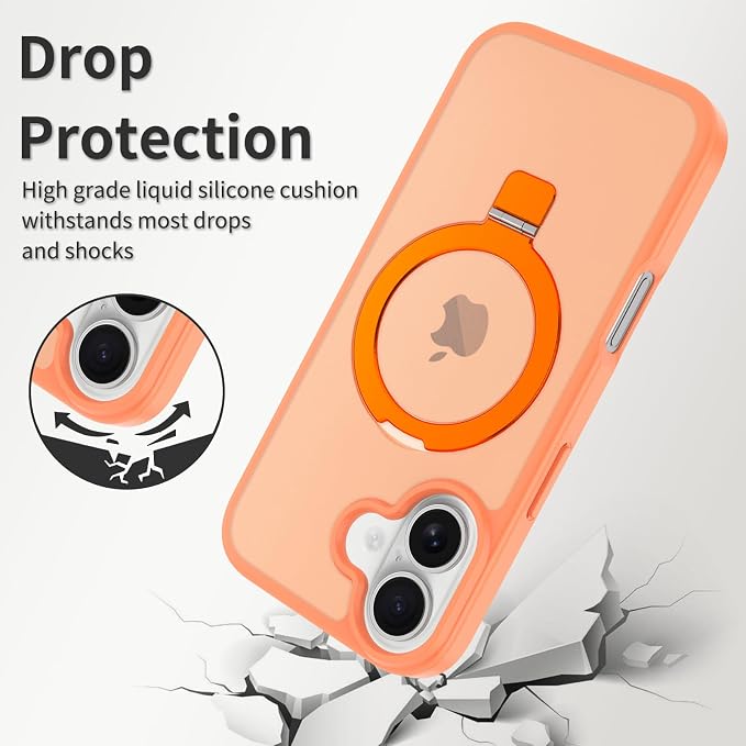 Ultra-Magnetic Stand for iPhone 17 Case [Military Drop Protection] [Compatible with MagSafe] Shockproof Translucent Matte Slim Ring Holder Case for iPhone 17 (Orange)