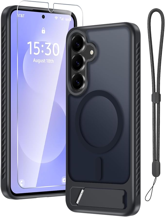 RMOCR for Samsung Galaxy S25 FE Case with Screen Protector+Lanyard Wrist Strap,Magnetic Translucent Matte Rugged Slim Phone Cover Built in Invisible Kickstand [Fit for MagSafe],2025 Black