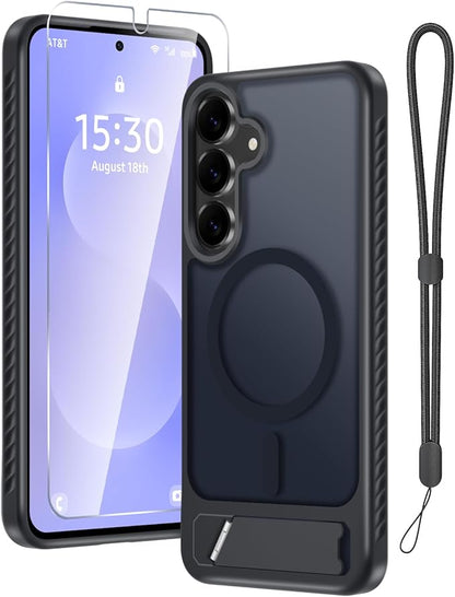 RMOCR for Samsung Galaxy S25 FE Case with Screen Protector+Lanyard Wrist Strap,Magnetic Translucent Matte Rugged Slim Phone Cover Built in Invisible Kickstand [Fit for MagSafe],2025 Black