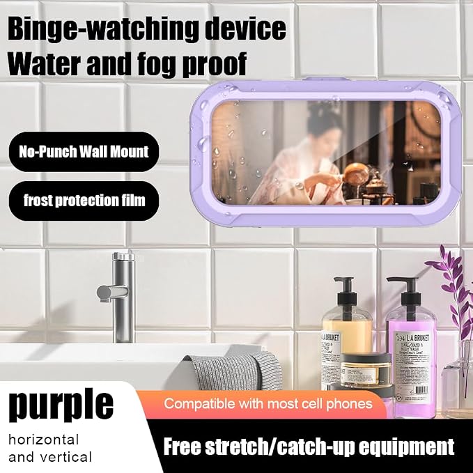 360° Rotatable Retractable Adjustable Shower Phone Case Holder,Anti-fog HD & sensitive screen ,Wall Mounted Phone Holder for Bathroom Mirror Bathtub Kitchen,Shower Accessories for 4-7" Phones (purple)