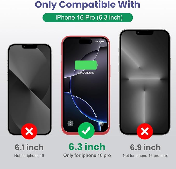 Feob Battery Case for iPhone 16 Pro, [2025 Upgraded] 7500mAh Ultra-Slim Portable Smart Charging Case Rechargeable Protective Extended Charging Cover Only for iPhone 16Pro Battery Pack (6.3 Inch), Red