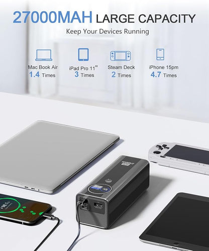 140W Power Bank, 27000mAh 3-Port PD3.1 Portable Laptop Charger with Two 140W Port, Smart Digital Display, Portable Phone Charger for iPhone 17/16 Series, MacBook, iPad, AirPods etc
