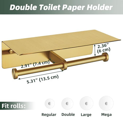APLusee Brushed Gold Double Toilet Paper Holder with Shelf, Heavy Duty 304 Stainless Steel Tissue Roll Holder, Commercial Paper Dispenser Wall Mounted