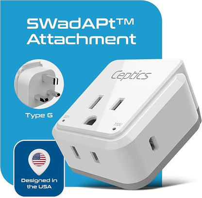 Ceptics UK, Hong Kong, Travel Plug Adapter Set, Safe Grounded USB-C 30W PD & QC 3.0-2 USA Socket - Compact & Powerful - Ireland, England, Dubai, Saudi Arabia - Includes Type G Swadapt Attachments