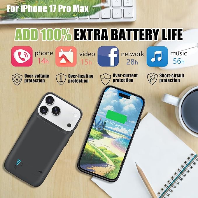 Battery Case for iPhone 17 Pro Max, 6000mAh Rechargeable Extended Battery Charging/Charger Case, Add 100% Extra Juice (6.9 Inches) Black