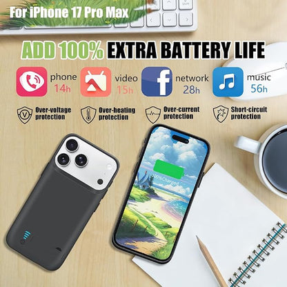 Battery Case for iPhone 17 Pro Max, 6000mAh Rechargeable Extended Battery Charging/Charger Case, Add 100% Extra Juice (6.9 Inches) Black