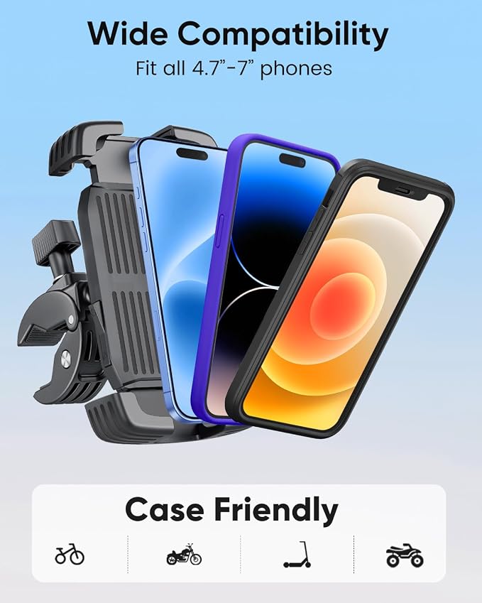 Bike Phone Holder, Motorcycle Phone Mount, [Anti Vibration] Bicycle Cell Phone Holder Handlebar, Ebike Electric Scooter ATV Phone Clip Clamp for iPhone, Pro, Max, Air, Samsung and 4.7-7" Smartphones