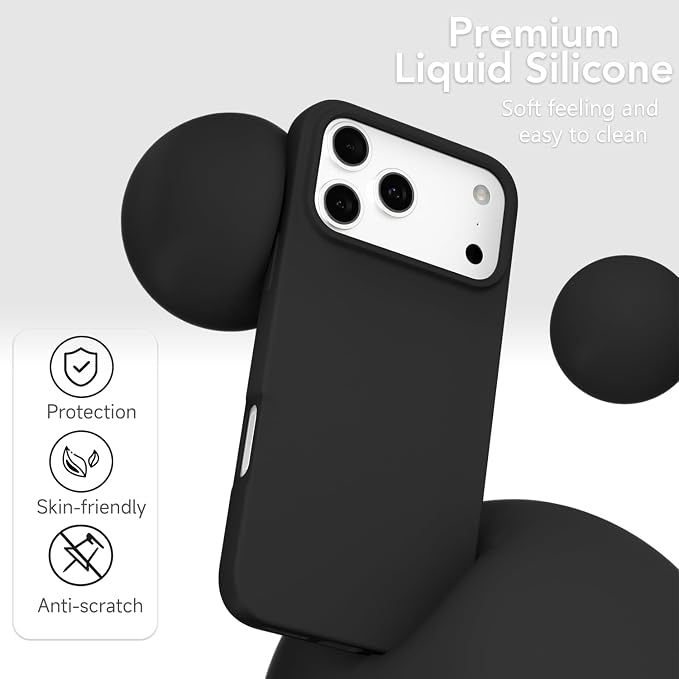 for iPhone 17 Pro Max Case Silicone Compatible with Magsafe Case, Ultra Slim Thin Magnetic Phone Cases Mag Safe, Cute Soft Rubber Gel TPU Matte Plain Wireless Charging Cover for Women, Black