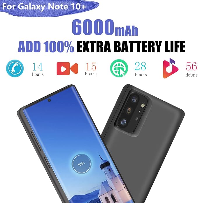 Battery Case for Samsung Galaxy Note 10+ Plus 5G, 6000mAh Rechargeable Extended Battery Charging Case, External Battery Charger Case, Add 100% Extra Juice