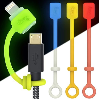 Cozy USB Cable Caps with Tether, Glow-in-the-Dark Silicone Cord Keeper, Anti-Lost Protective Covers for Charging Adapters, Multi-Color Set, 4-Pack