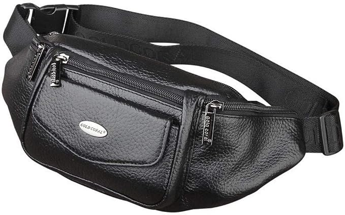 Hebetag Leather Fanny Pack Waist Bag for Men Women Slim Bumbag Waist Packs Outdoor Travel Hiking Casual Pouch Day Pack (Black)