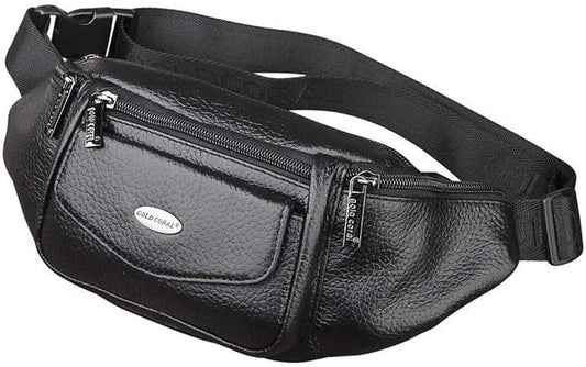 Hebetag Leather Fanny Pack Waist Bag for Men Women Slim Bumbag Waist Packs Outdoor Travel Hiking Casual Pouch Day Pack (Black)