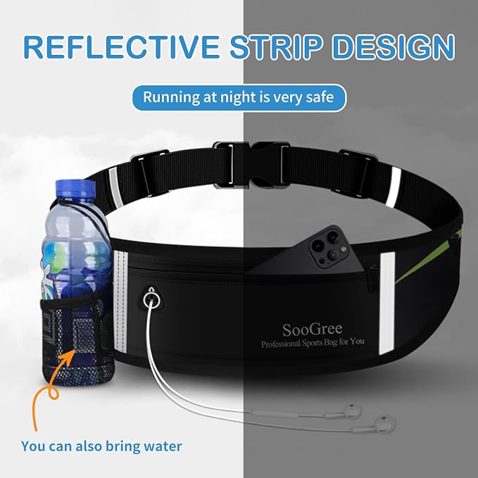 SooGree Slim Running Belt Sport Fanny Pack for Women Men,Reflective Waist Pack Runner Pouch Belt, Zipper Waterproof Running Phone Holder Jogging Pouch for Phone Money (GSP8806 Green)