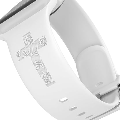 Faith with Cross Watch Band Compatible with Apple Watch Laser Engraved Band Silicone 38mm 40mm 41mm 42mm 44mm 45mm 46mm 49mm Strap Jesus Psalm Christian God Blessed (White, 42/44/45/46/49mm M/L)