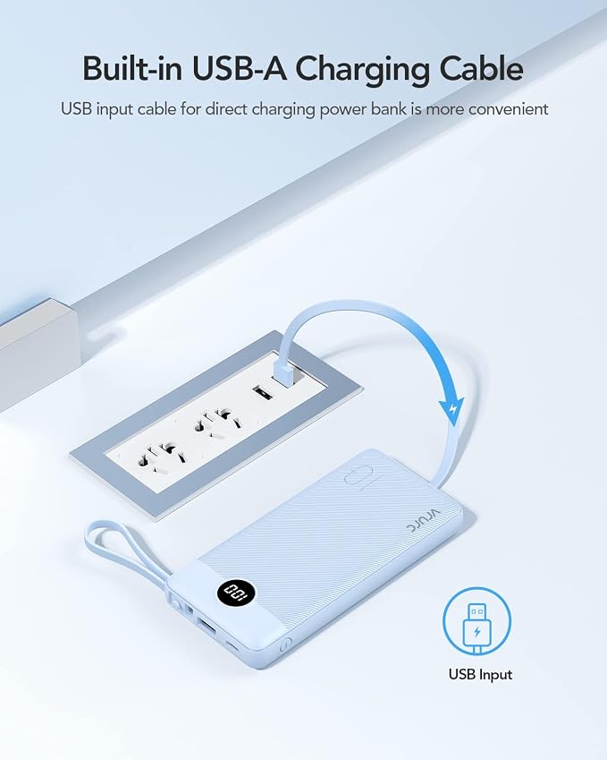 VRURC Portable Charger for iPhone, Built in 4 Cables Power Bank 10000mAh | Compact USB C Charging Bank 5 Outputs for Multi Devices,Travel Essential for Hiking Camping Business Cruise Ship-Blue