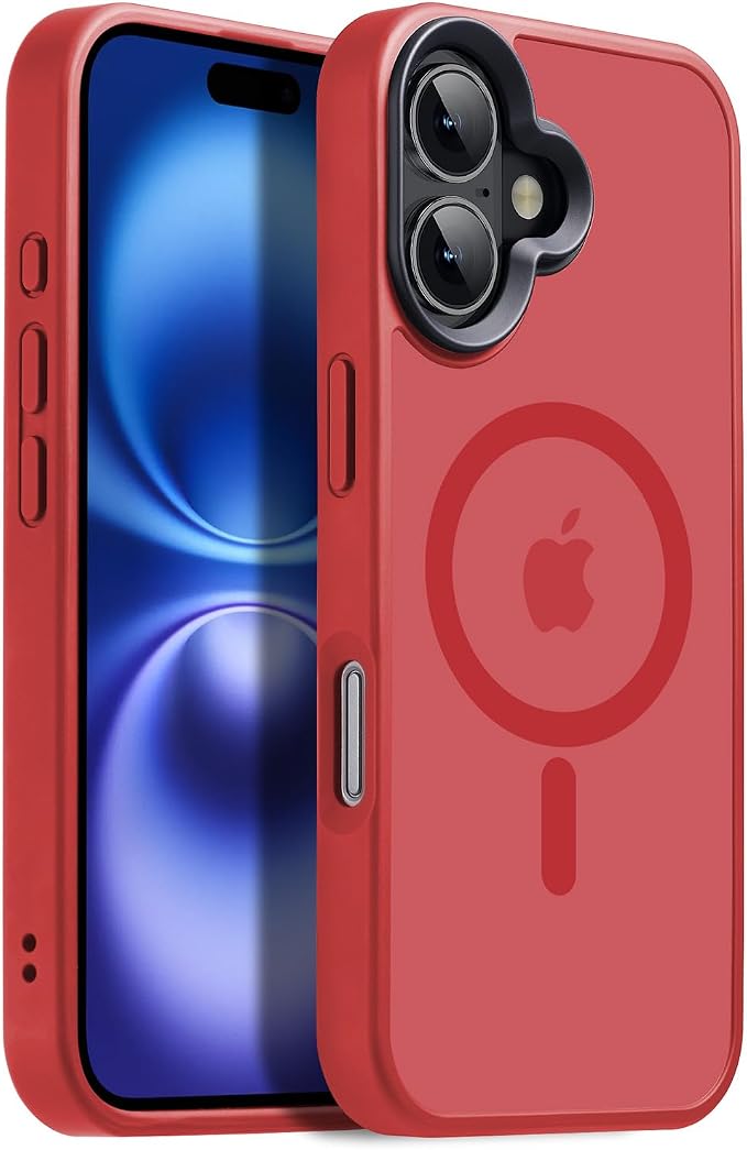 Powerful Magnetic Case for iPhone 16 Case [10FT-Grade Drop Tested & Compatible with MagSafe] Translucent Anti-Fingerprint Shockproof Protective Cover 6.1 Inch, Red