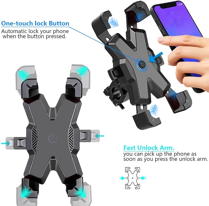 2025 Upgraded Bike Phone Holder ﻿, One Handed Quick Locking and Unlocking for Motorcycle Phone Mount, Handlebar Phone Mount with Four Way Lock Compatible with iPhone,Samsung and 4.8-6'' Smartphones