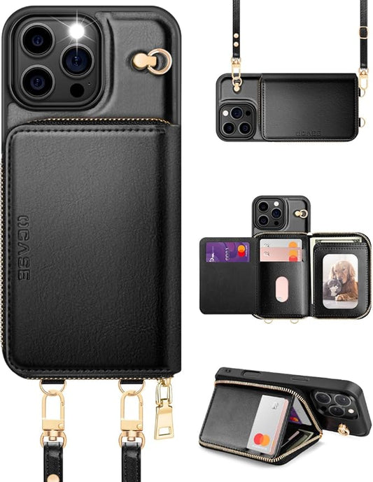 OCASE Compatible with iPhone 16 Pro Max Crossbody Wallet Case with Card Holder, PU Leather Zipper Handbag Phone Purse with RFID Blocking Kickstand Wrist Strap Lanyard 6.9 Inch, Black