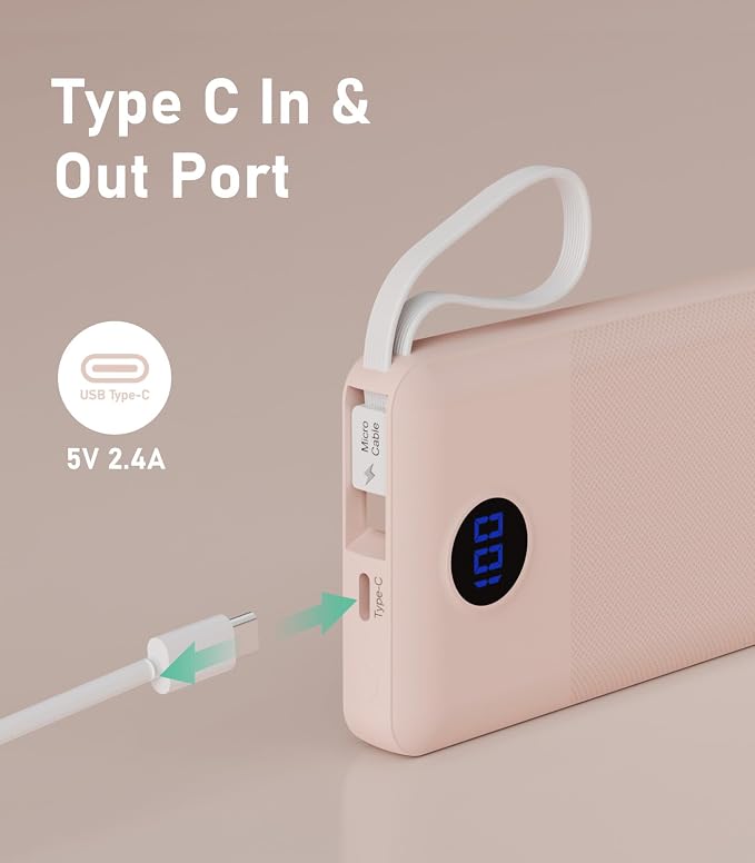 Portable Charger with Built in Cables, Slim 10000mAh Power Bank, USB C Battery Pack Travel, 4 Output 2 Input External Charging Bank for iPhone 17/16/15/14/13,Samsung, Android, etc-Pink(1 Pack)