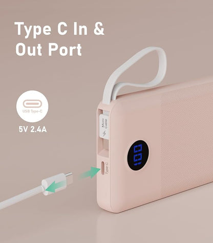 Portable Charger with Built in Cables, Slim 10000mAh Power Bank, USB C Battery Pack Travel, 4 Output 2 Input External Charging Bank for iPhone 17/16/15/14/13,Samsung, Android, etc-Pink(1 Pack)