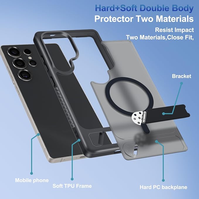 for Samsung Galaxy S25 Ultra Case with Screen Protector+Lanyard Wrist Strap,Magnetic Translucent Matte Rugged Slim Phone Cover Built in Invisible Kickstand [Fit for MagSafe],2025 Black