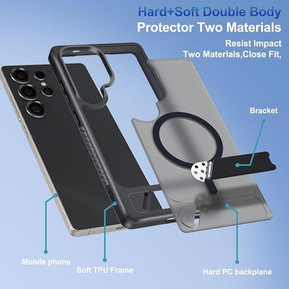 for Samsung Galaxy S25 Ultra Case with Screen Protector+Lanyard Wrist Strap,Magnetic Translucent Matte Rugged Slim Phone Cover Built in Invisible Kickstand [Fit for MagSafe],2025 Black