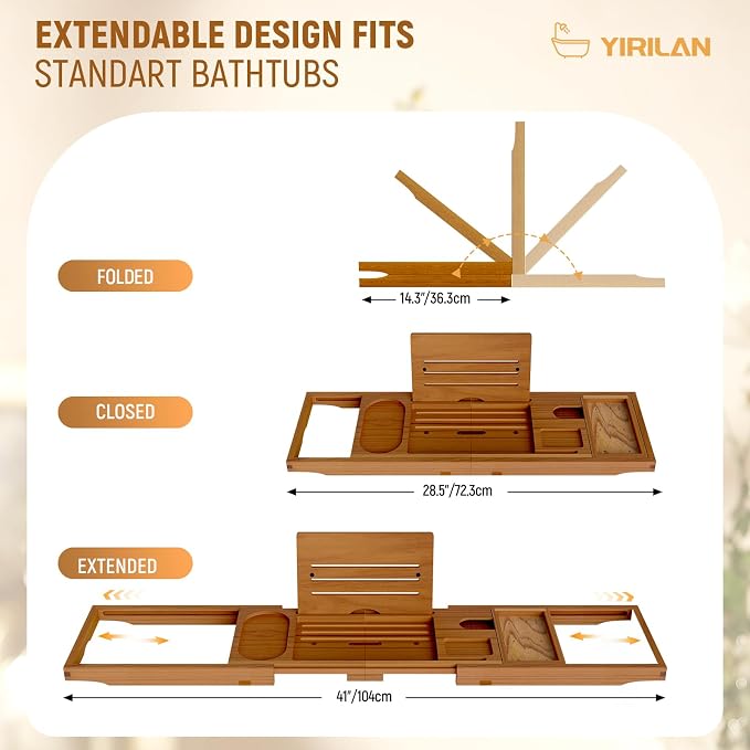 Yirilan Teak Bathtub Tray for Tub, Bath Table Tray for Tub Wood, Bathtub Caddy, Luxury Gift for House Warming, Wedding, Bridal Shower, Anniversary