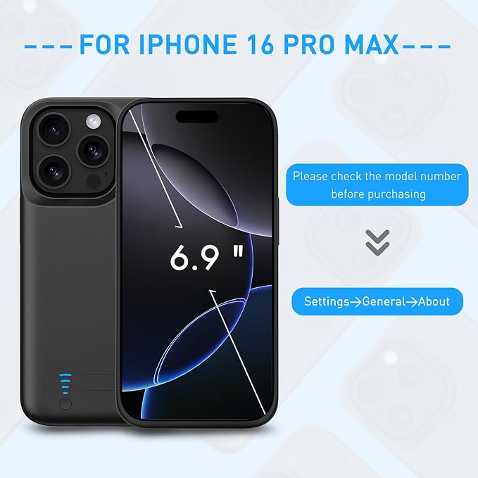 Battery Case for iPhone 16 Pro Max, 8500mAh Extended Charging Case with Kickstand for Apple 16 Pro Max, Phone Charger Cover for 16 Pro Max(6.9") Black