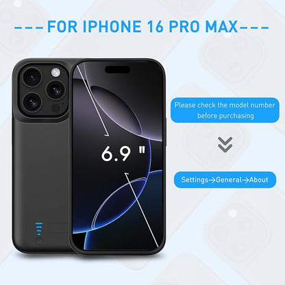 Battery Case for iPhone 16 Pro Max, 8500mAh Extended Charging Case with Kickstand for Apple 16 Pro Max, Phone Charger Cover for 16 Pro Max(6.9") Black