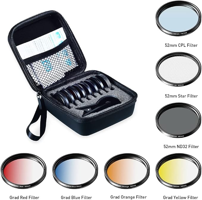 Apexel 52mm Filter Lens Kit (Graduated Filter Lens-Red Orange Yellow Blue, CPL, ND32, Star Lens-6 Point) for Smartphone Camera Canon Nikon Sony Olympus