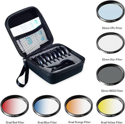 Apexel 52mm Filter Lens Kit (Graduated Filter Lens-Red Orange Yellow Blue, CPL, ND32, Star Lens-6 Point) for Smartphone Camera Canon Nikon Sony Olympus